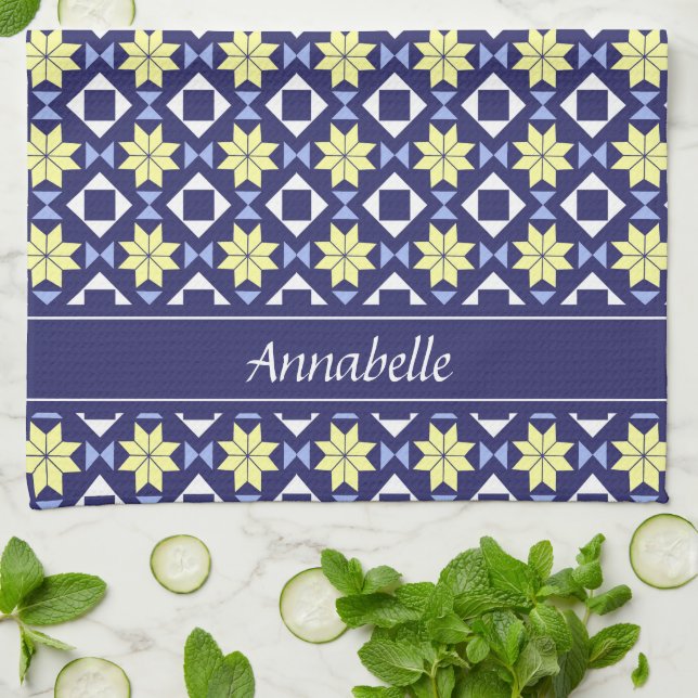 Mediterranean Yellow Blue Floral Tile Pattern Name Tea Towel (Folded)