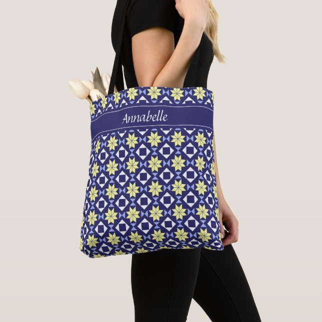 Mediterranean Yellow Blue Floral Tile Pattern Name Tote Bag (Close Up)