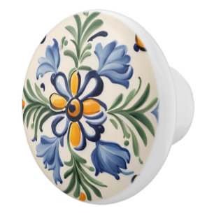 Mediterranean Yellow & Blue Flower Folk Art Floral Ceramic Knob