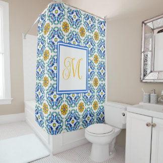 Mediterranean Yellow Blue Monogram Shower Curtain