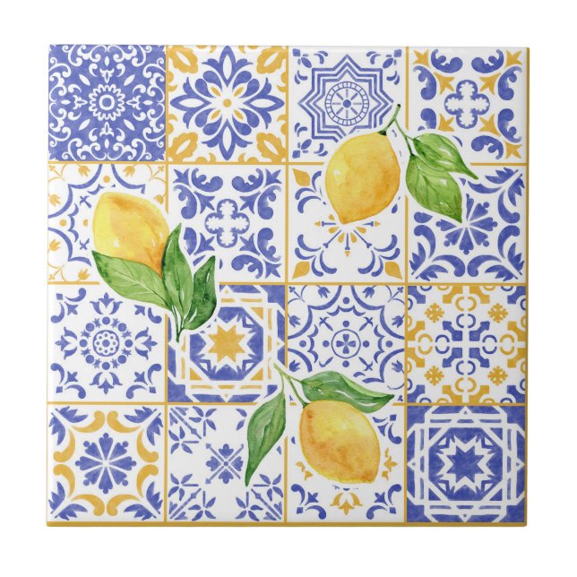 Mediterranean Yellow Blue Watercolor Lemon Pattern Tile (Front)
