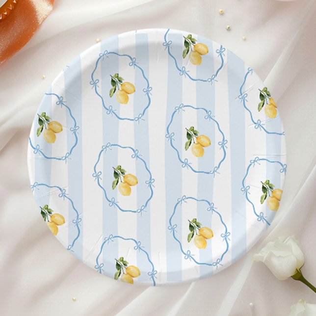 Mediterranean Yellow Lemon Blue Bows Baby Shower Paper Plate (Creator Uploaded)