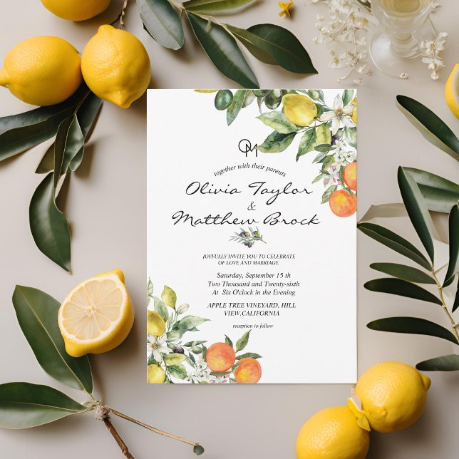 Mediterranean Yellow Lemon Olive Peaches Wedding Invitation (Creator Uploaded)