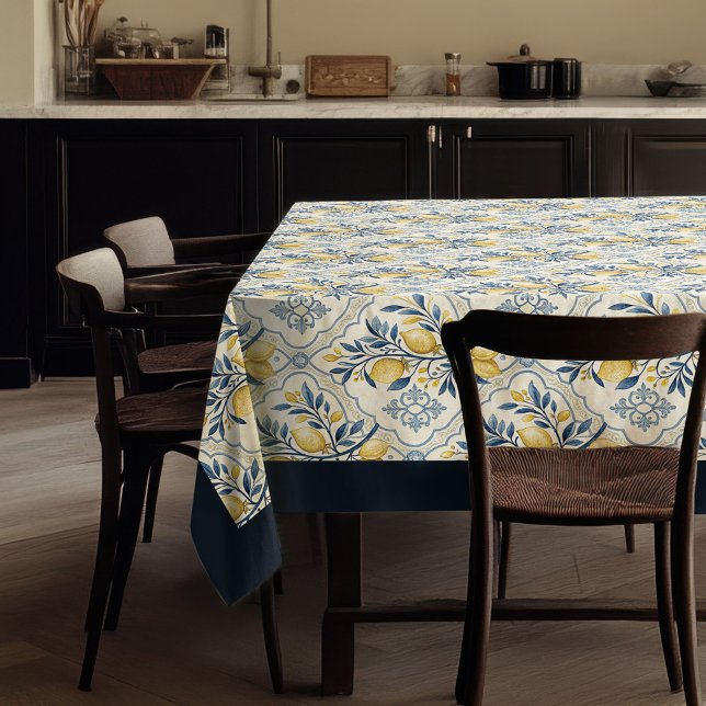 Mediterranean yellow lemons navy blue tiles tablecloth (Mediterranean yellow lemons navy blue tiles tablecloth)