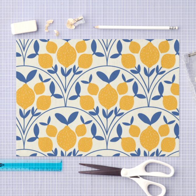 Mediterranean Yellow Lemons on Blue scallop shapes Tissue Paper (Craft)