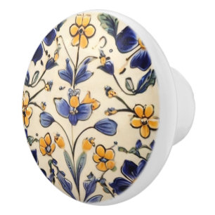 Mediterranean Yellow & Navy Blue Flower Floral Ceramic Knob