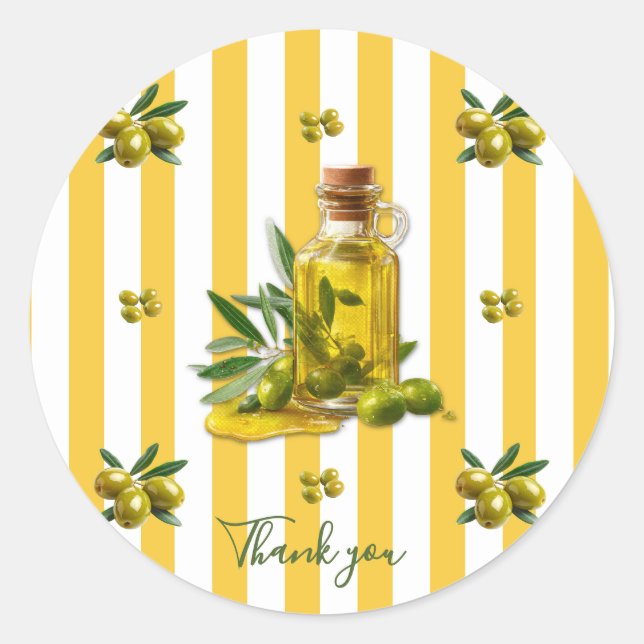 Mediterranean Yellow Stripe Pattern Olive Oil Classic Round Sticker (Front)