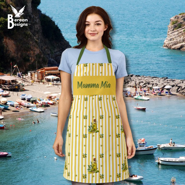 Mediterranean Yellow Stripe Personalised Olive Oil Apron (Mediterranean-inspired yellow-striped olive oil apron for lovers of olives.)