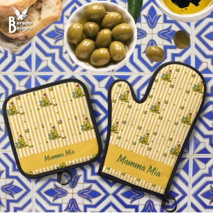 Mediterranean Yellow Stripe Personalised Olive Oil Oven Mitt & Pot Holder Set
