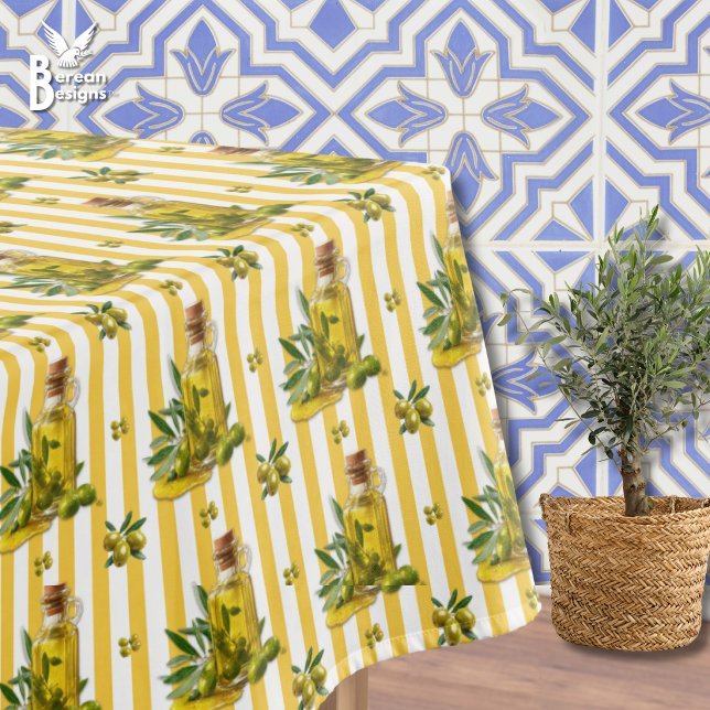 Mediterranean Yellow Stripe Personalised Olive Oil Tablecloth (Mediterranean-inspired yellow-striped olive oil tablecloth for those who love olives.)