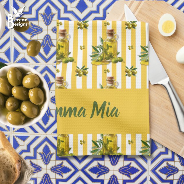 Mediterranean Yellow Stripe Personalised Olive Oil Tea Towel (Mediterranean-inspired yellow-striped olive oil kitchen towel with customizable name.)