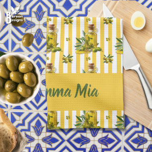 Mediterranean Yellow Stripe Personalized Olive Oil Tea Towel