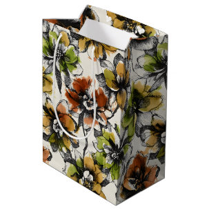 Medium Abstract Alcohol Wash Pen and Ink Flowers Gift Bag