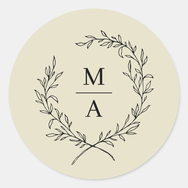Medium Beige Simple Elegant Laurel Wreath Monogram Classic Round Sticker (Front)
