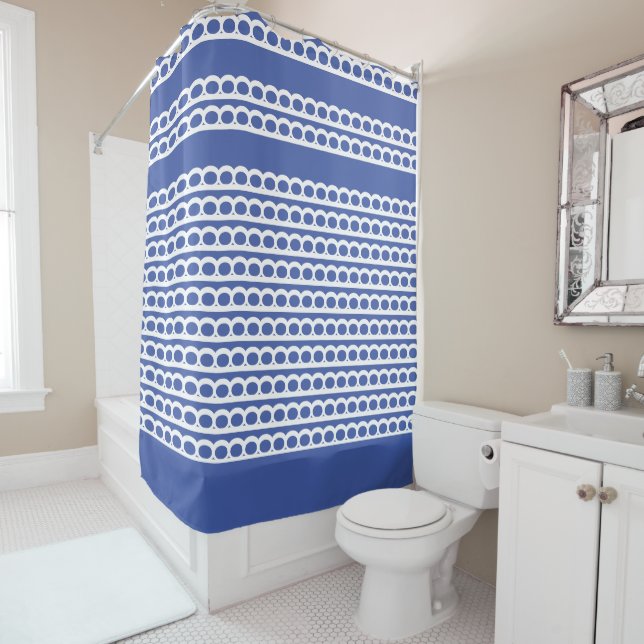 Medium Blue  and white Modern bubble Waves Shower Curtain (In Situ)