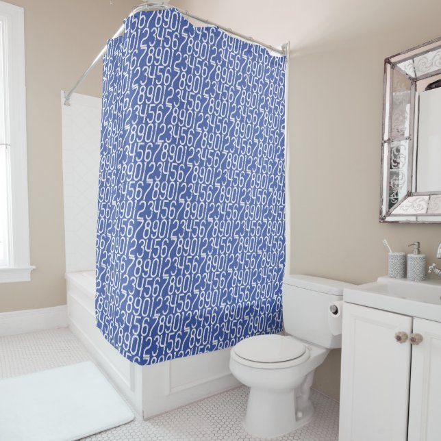 Medium Blue and white. Numbers Math. Shower Curtain (In Situ)