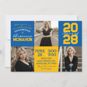 Medium Blue & Gold 3 Photo Graduation Invitation