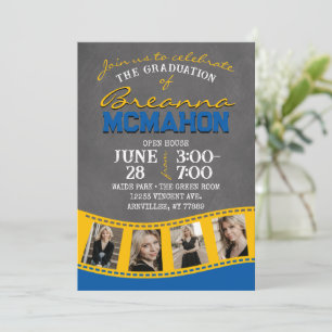Medium Blue & Gold Chalkboard Filmstrip Graduation Invitation