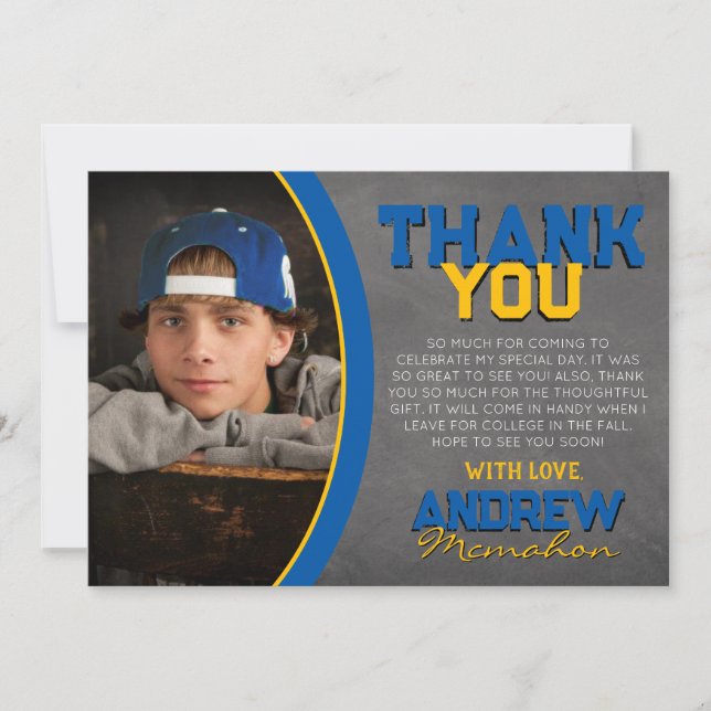 Medium Blue & Gold Chalkboard Grad Thank You Card (Front)