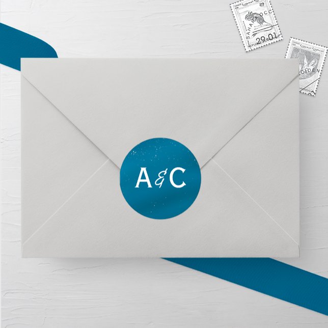Medium Blue Sky Snowy Monogram Wedding Classic Round Sticker (Creator Uploaded)