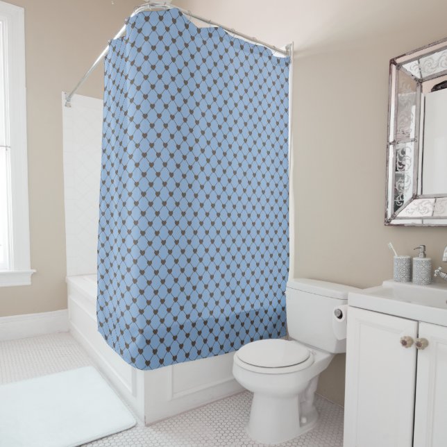 MEDIUM BLUE WITH TINY BROWN HEARTS SHOWER CURTAIN (In Situ)