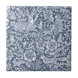 Medium Blue Woodland Animal Forest Deer Rabbit Fox Tile