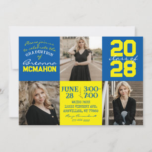 Medium Blue & Yellow 3 Photo Graduation Invitation
