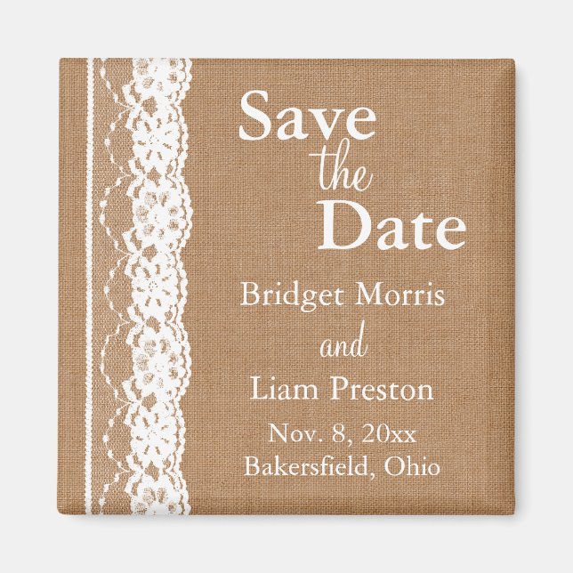 Medium Burlap & Vintage Lace Save the Date Magnet (Front)