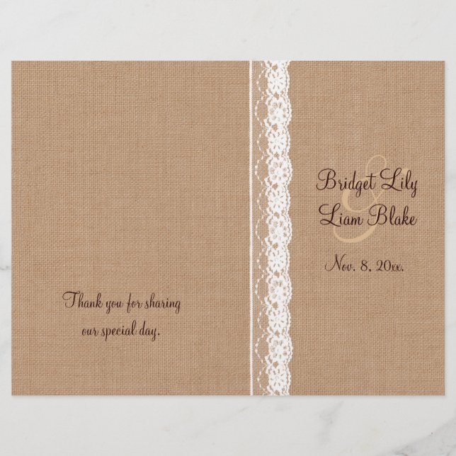 Medium Burlap & Vintage Lace Wedding Program (Front)