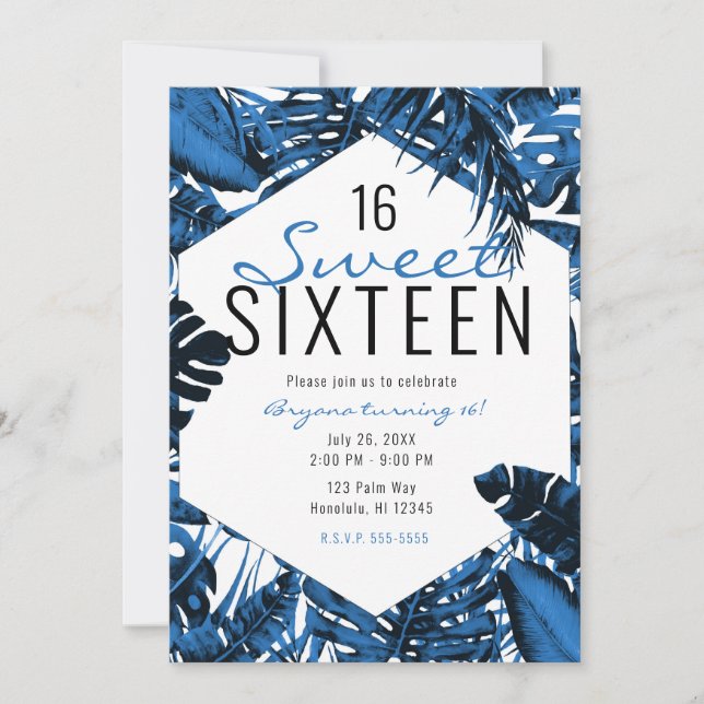 Medium Denim Blue Tropical Palm Leaves Sweet 16  Invitation (Front)