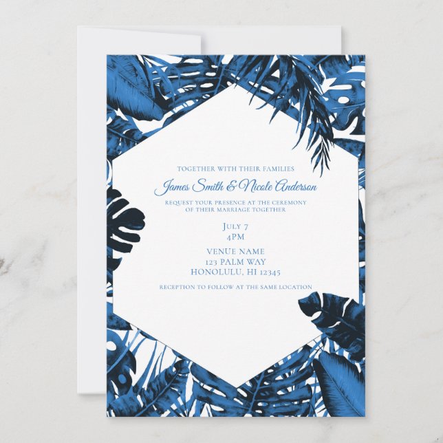 Medium Denim Blue Tropical Palm Leaves Wedding Invitation (Front)