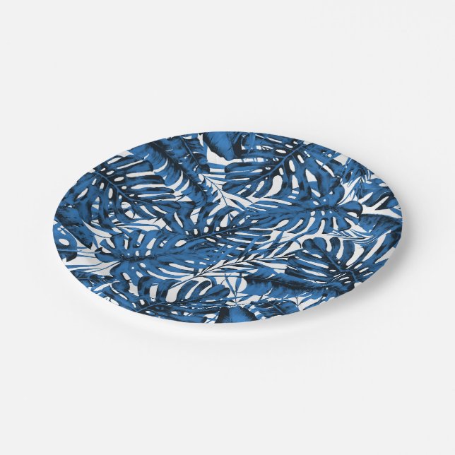 Medium Denim Blue Tropical Palm Leaves Wedding Paper Plate (Angled)