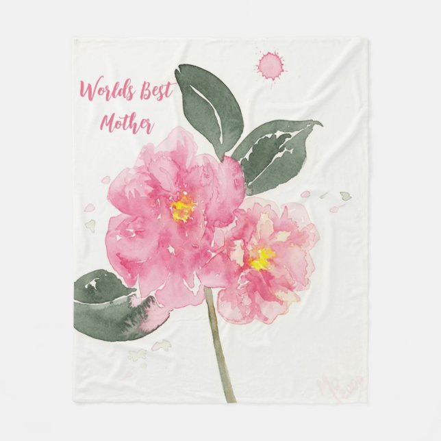 Medium Fleece Blanket with Pink Camelia for Mother (Front)