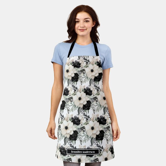 Medium Girly Black and White Floral Print Apron (Worn)