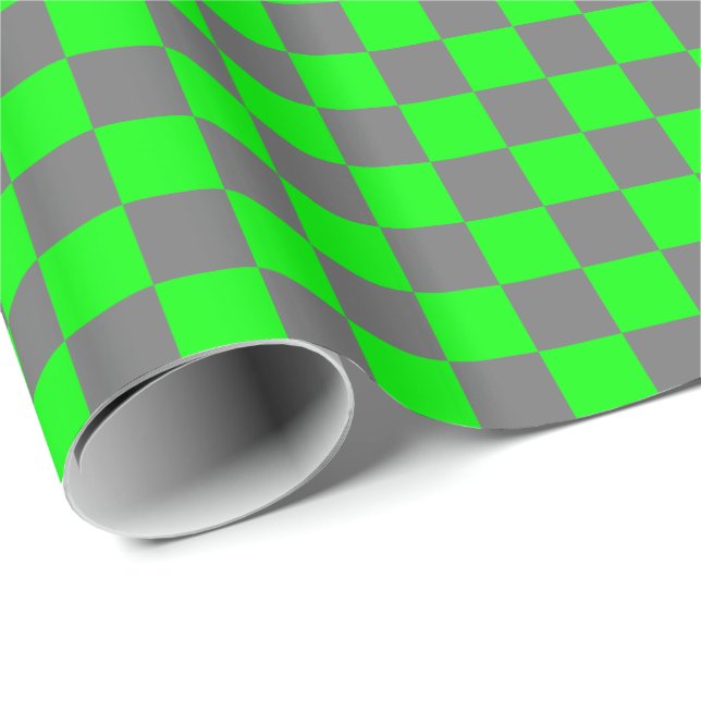 Medium Grey and Lime Green Chequered Wrapping Paper (Roll Corner)