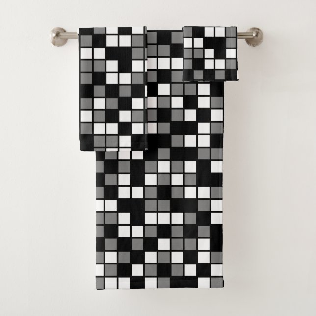Medium Grey, Black, White Random Mosaic Squares Bath Towel Set (Insitu)