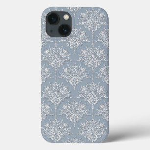 Medium Grey Blue and White Damask Pattern iPhone 13 Case