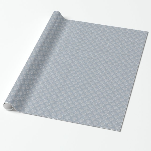 Medium Grey Blue and White Damask Pattern Wrapping Paper (Unrolled)