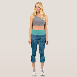 MEDIUM High Waisted Blue Paisley Capri Leggings