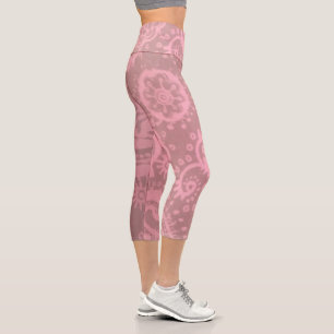 MEDIUM High Waisted Pink Purple Paisley Capri Leggings