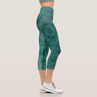MEDIUM High Waisted Teal Green Paisley Capri Leggings