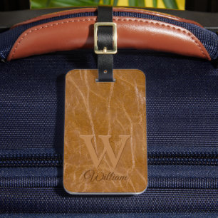 Medium Oak Brown Cow Leather Texture Monogrammed Luggage Tag