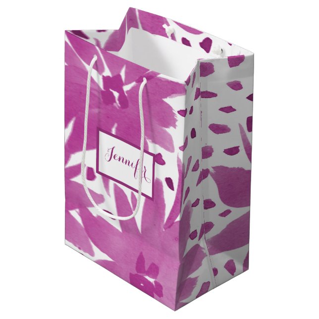 Medium Personalised Floral Design Pink Gift Bag (Front Angled)