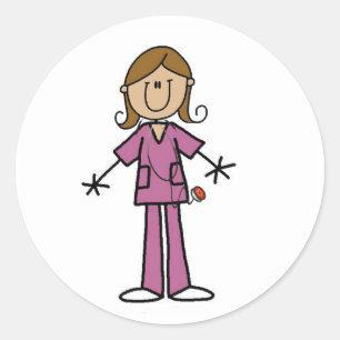 Medium Skin Stick Figure Female Nurse Classic Round Sticker