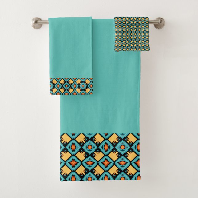 Medium turquoise yellow bath towel set (Insitu)
