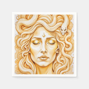 Medusa Ancient Goddess Portrait In Rich Yellow Napkin