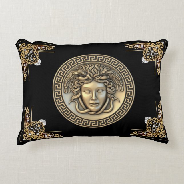 Medusa and Greek Key Gold Aubusson Designer Decorative Cushion (Front)