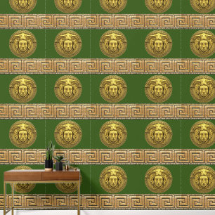 Medusa and Greek Key Gold on Hunter Green Wallpaper