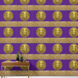 Medusa and Greek Key Gold on Imperial Purple Wallpaper