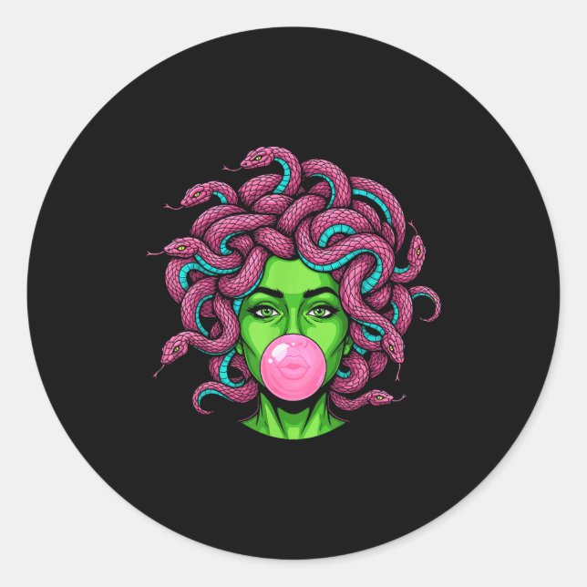 Medusa Blowing Bubblegum P Art Mythology Design  Classic Round Sticker (Front)